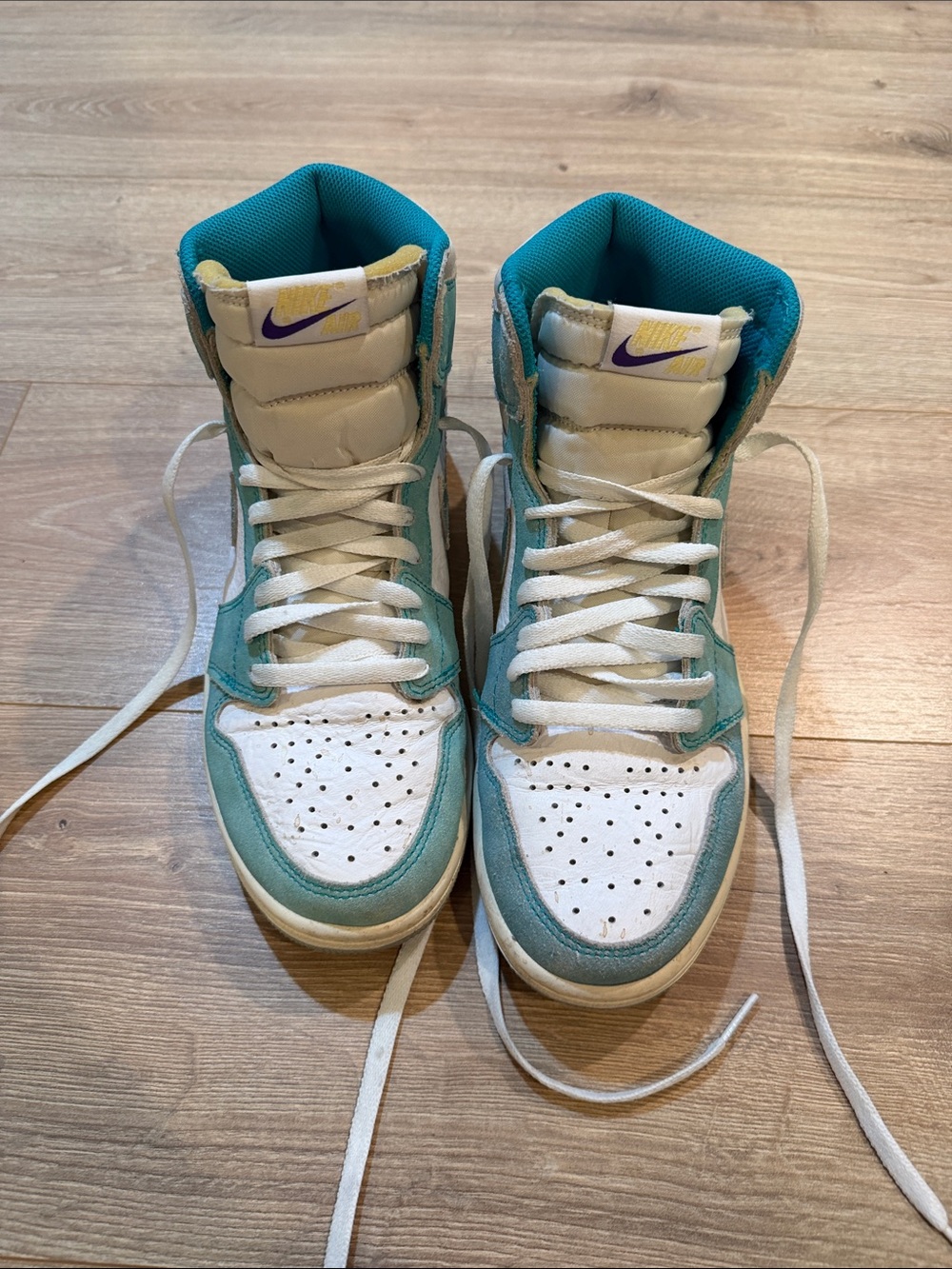 Nike Teal & White High-Top Sneakers with Purple Accent